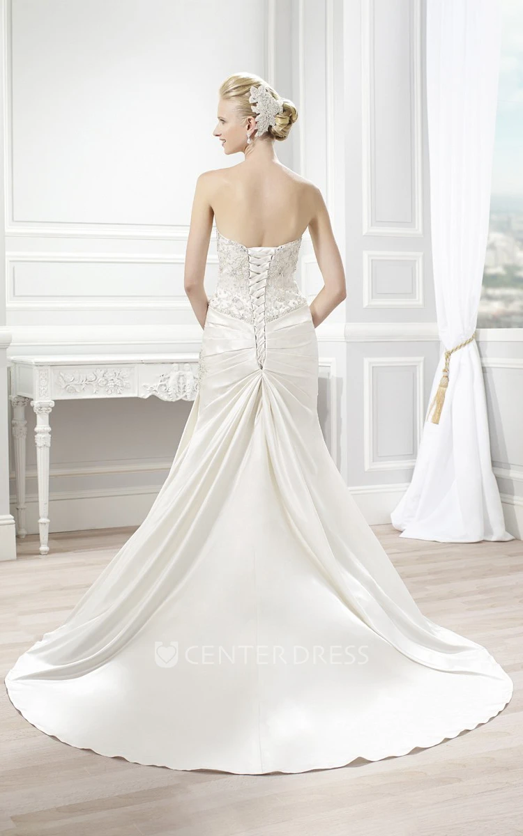 Trumpet Floor-Length Sweetheart Sleeveless Beaded Satin Wedding Dress With Side Draping And Corset Back
