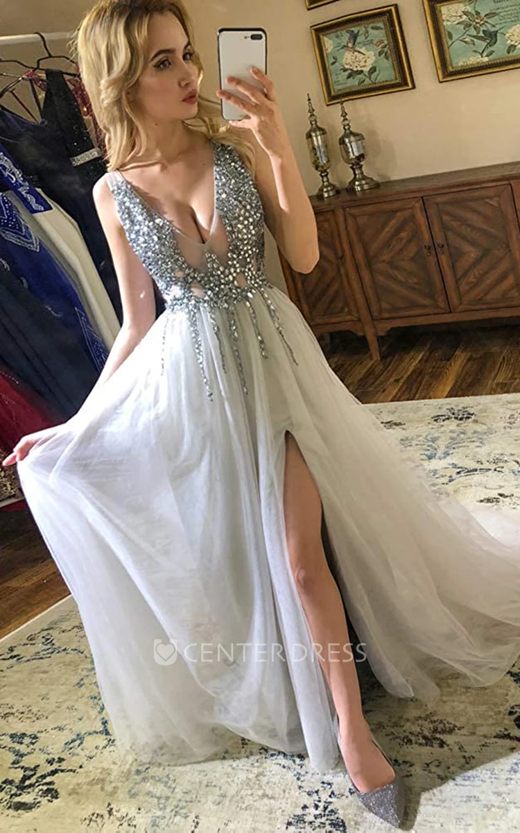 Tulle Floor-length Court Train V-neck A Line Sleeveless Prom Dress With Beading