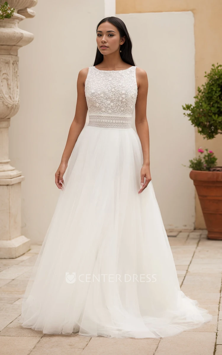Sleeveless A-Line Bateau Neck Lace Tulle Wedding Dress Backless Bridal Gown with Train and Zipper