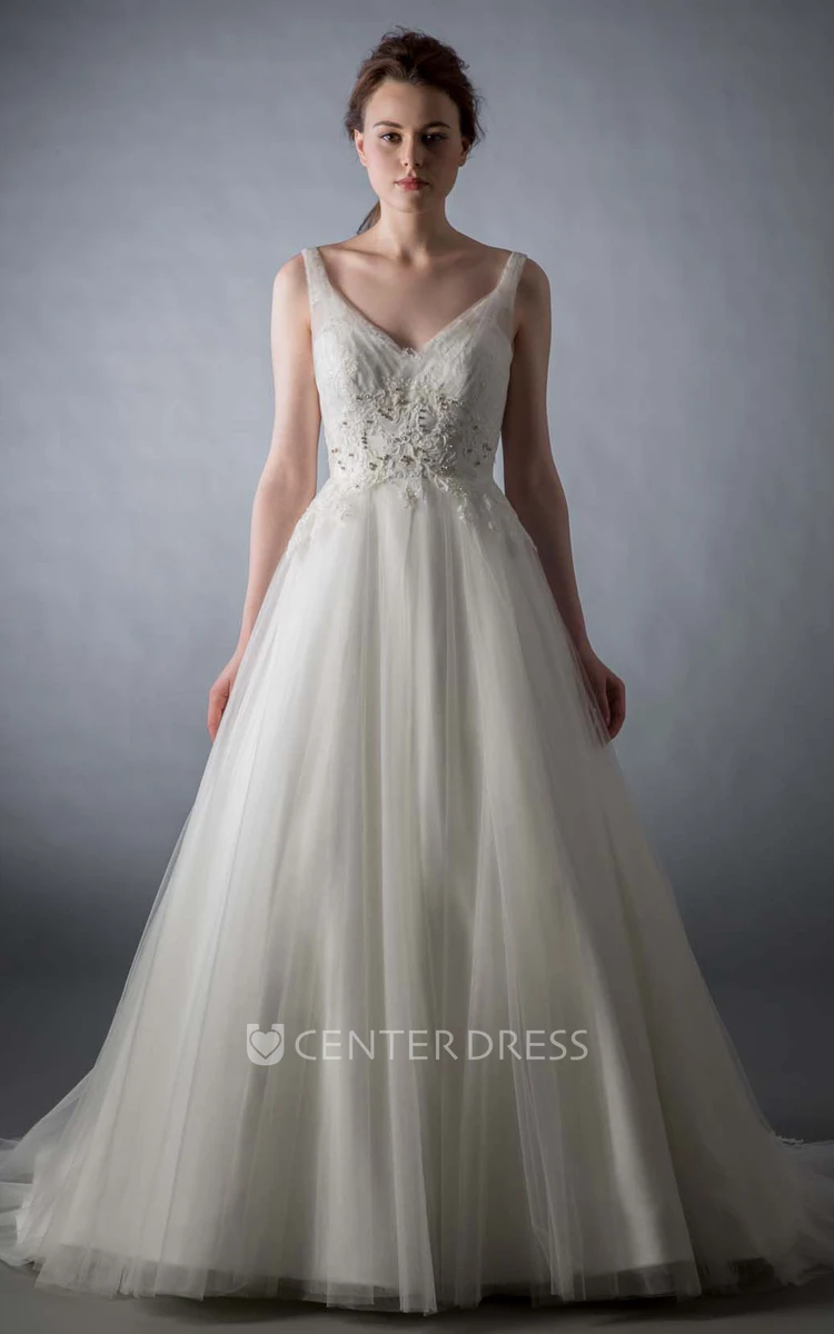 V-Neck Floor-Length Beaded Tulle Wedding Dress With Court Train And V Back