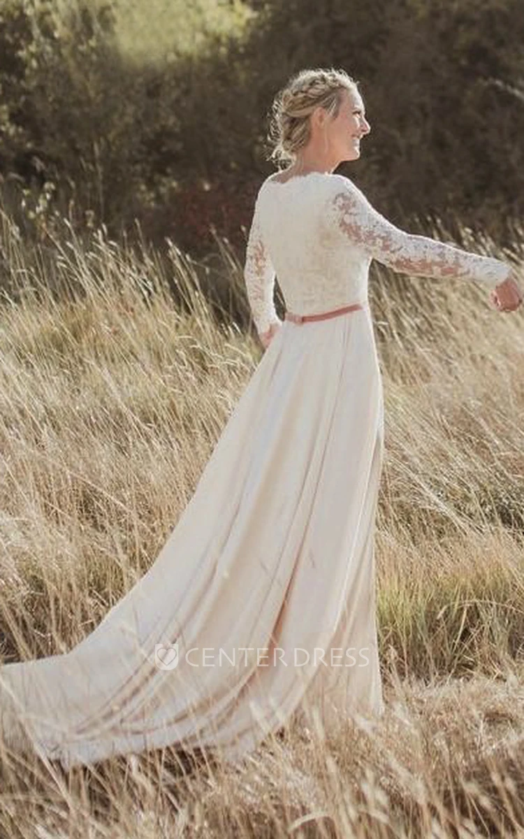 Elegant Scalloped Lace And Satin Long Sleeve Sheath Wedding Dress