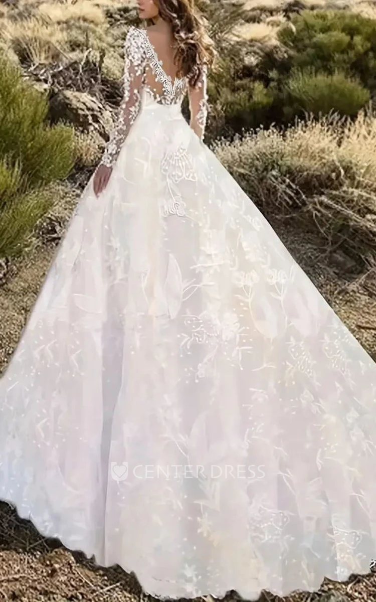 V-neck Lace Ball Gown Wedding Dress with Long Sleeves Sexy in Country Garden Setting