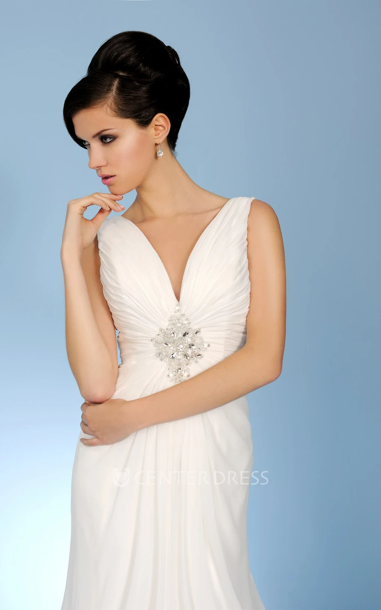 V-Neck Long Ruched Chiffon Wedding Dress With Court Train And V Back