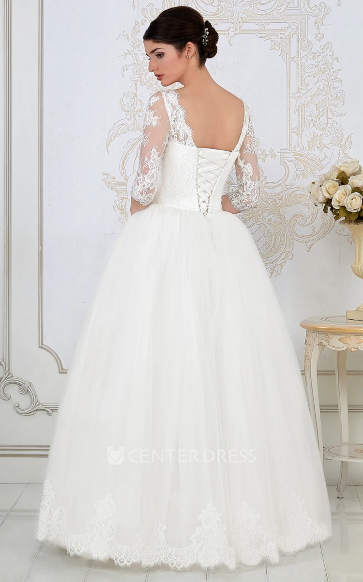 A-Line Scoop-Neck Half-Sleeve Tulle Wedding Dress With Lace Up
