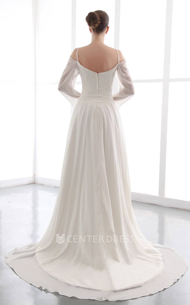 Exquisite Spaghetti Long Sleeve Chiffon Wedding Dress with Ruching
