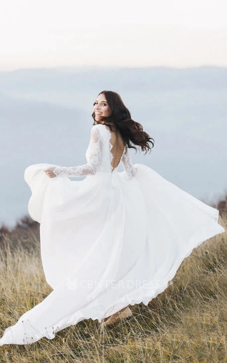 Chiffon Long Sleeve And Court Train Illusion Wedding Dress With Deep V-back