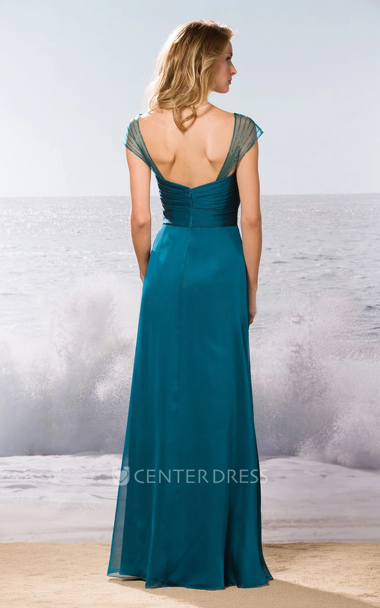 Cap-Sleeved Long Bridesmaid Dress With Crisscross Ruching And Beadings