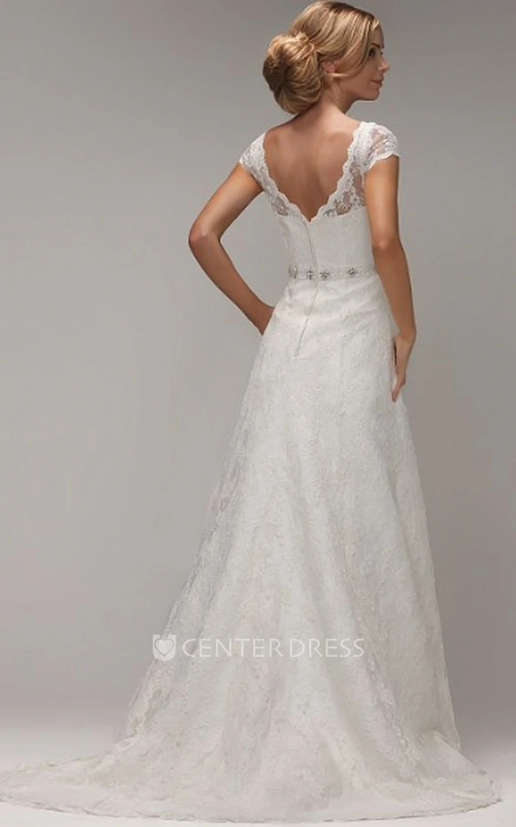 A-Line V-Neck Long Cap-Sleeve Jeweled Lace Wedding Dress With Appliques And V Back