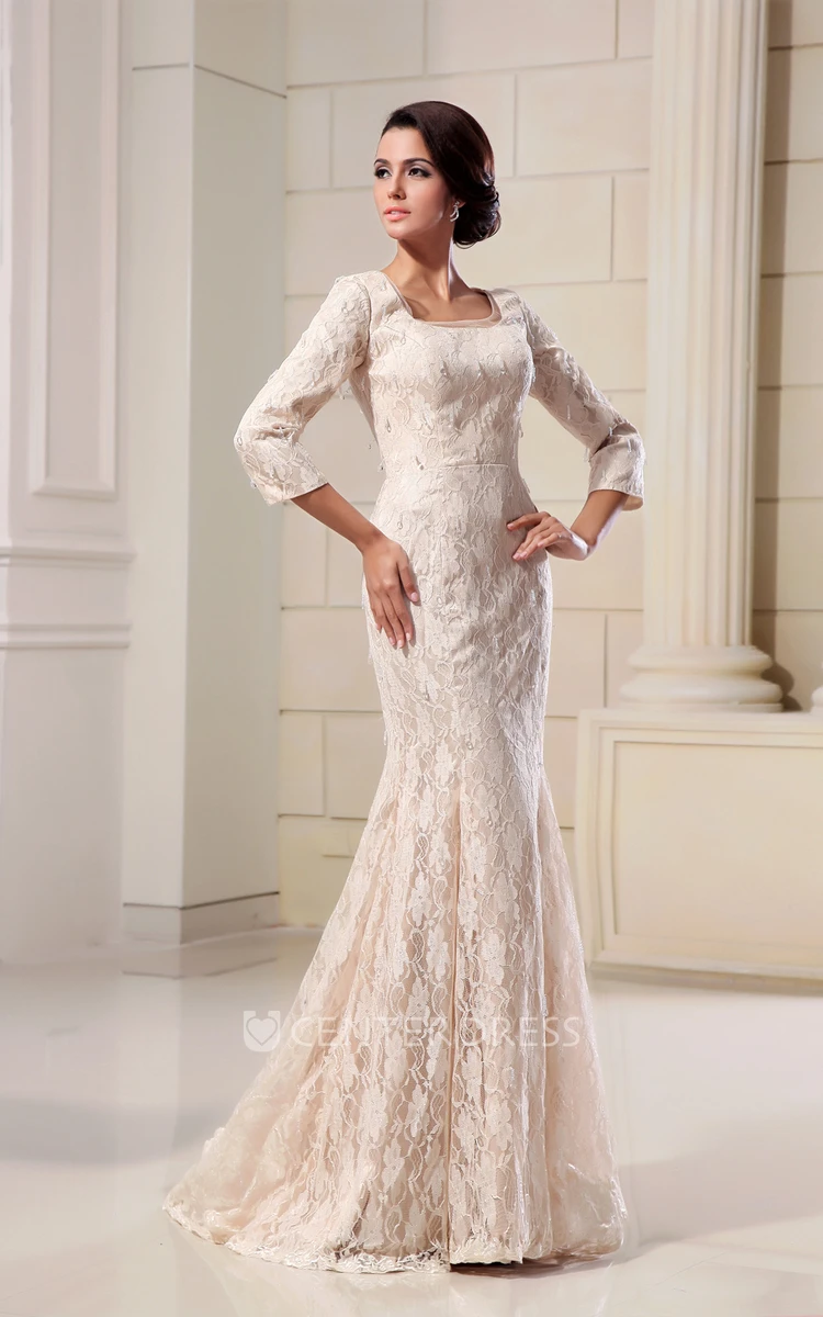 Square-Neck 3 4 Sleeves Lace Mermaid Evening Dress