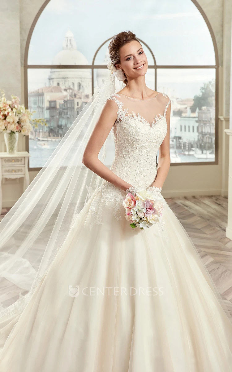 Classic Cap sleeve A-line Wedding Gown with Illusive Design and Brush Train 