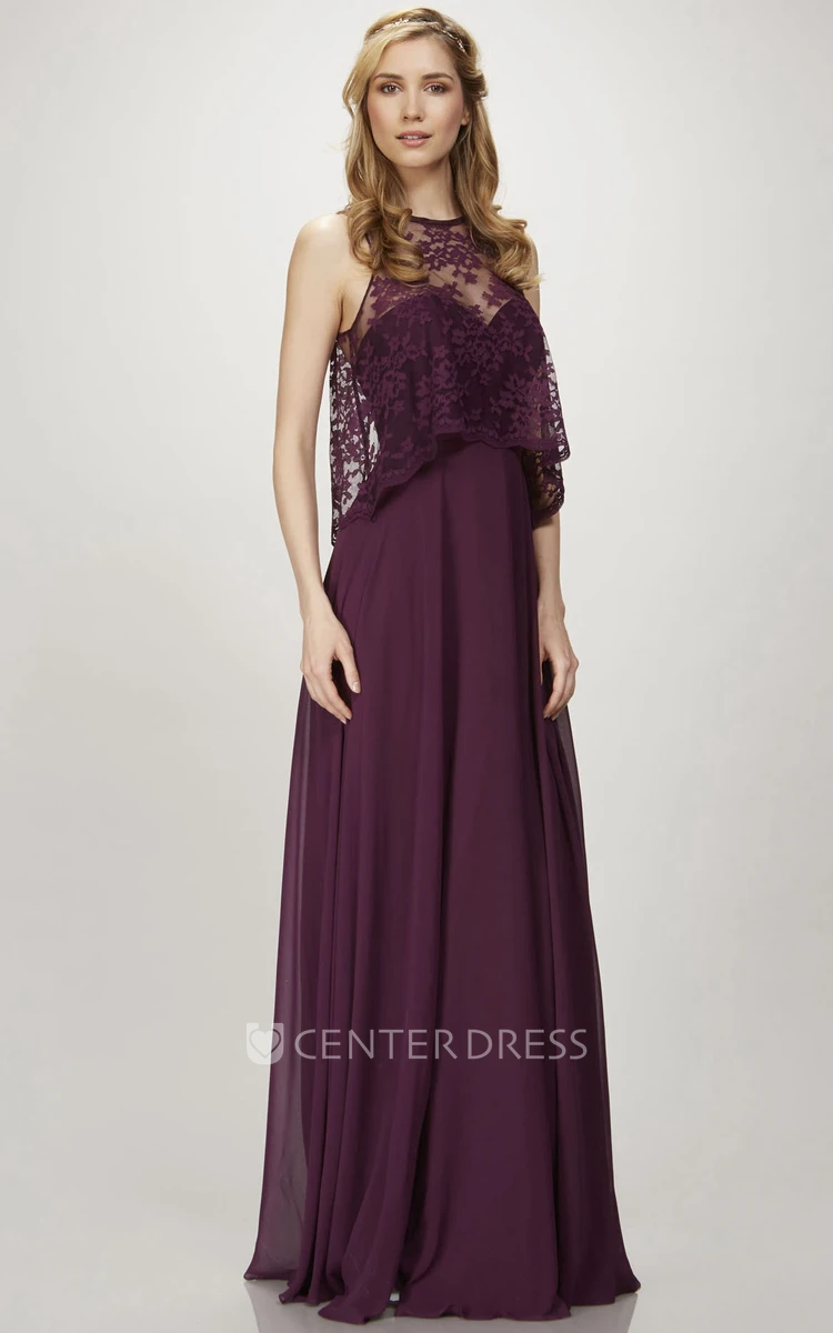 Sleeveless High Neck Appliqued Chiffon Bridesmaid Dress With Low-V Back
