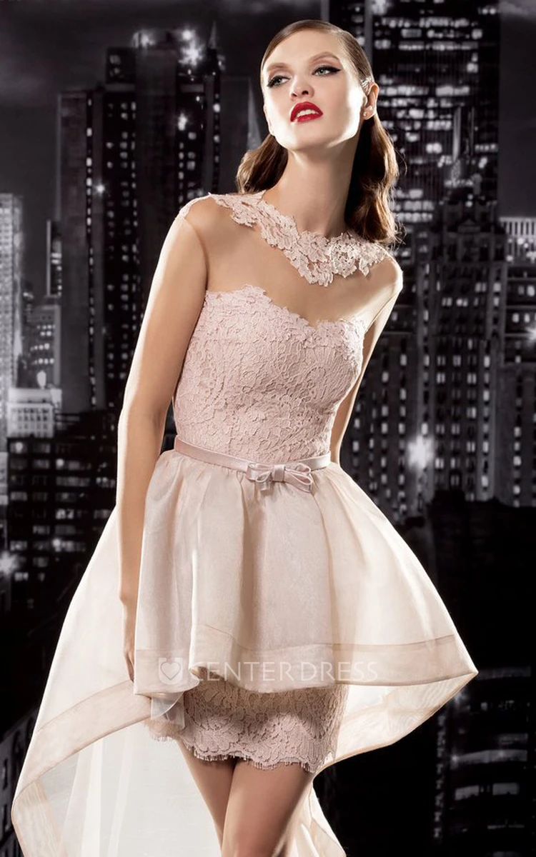 A-Line High-Low Jewel-Neck Cap-Sleeve Lace Illusion Dress