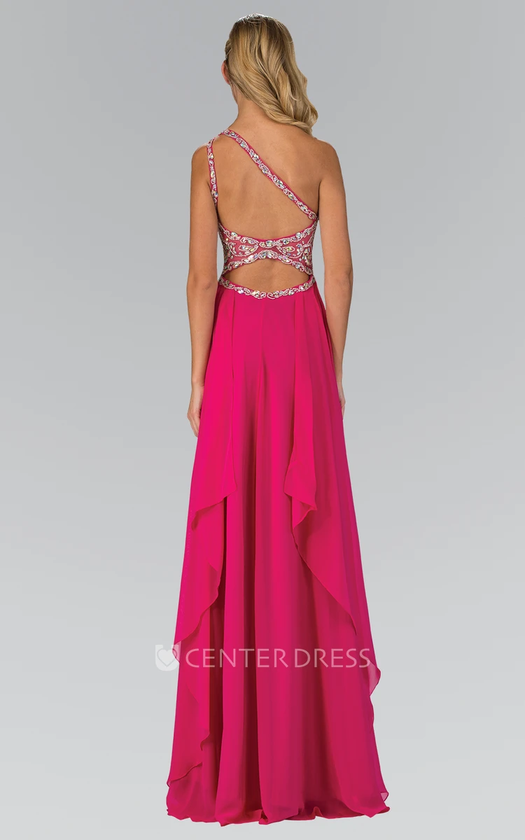 A-Line One-Shoulder Sleeveless Chiffon Straps Dress With Beading And Draping