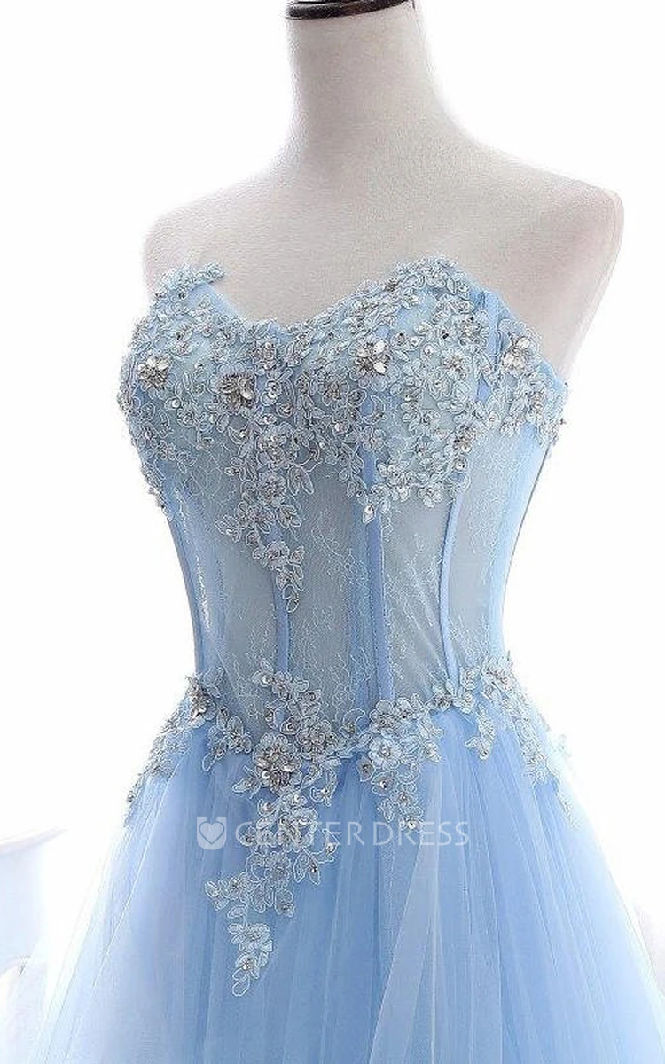 A Line Sleeveless Lace Tulle Adorable Corset Back Formal Dress with Appliques