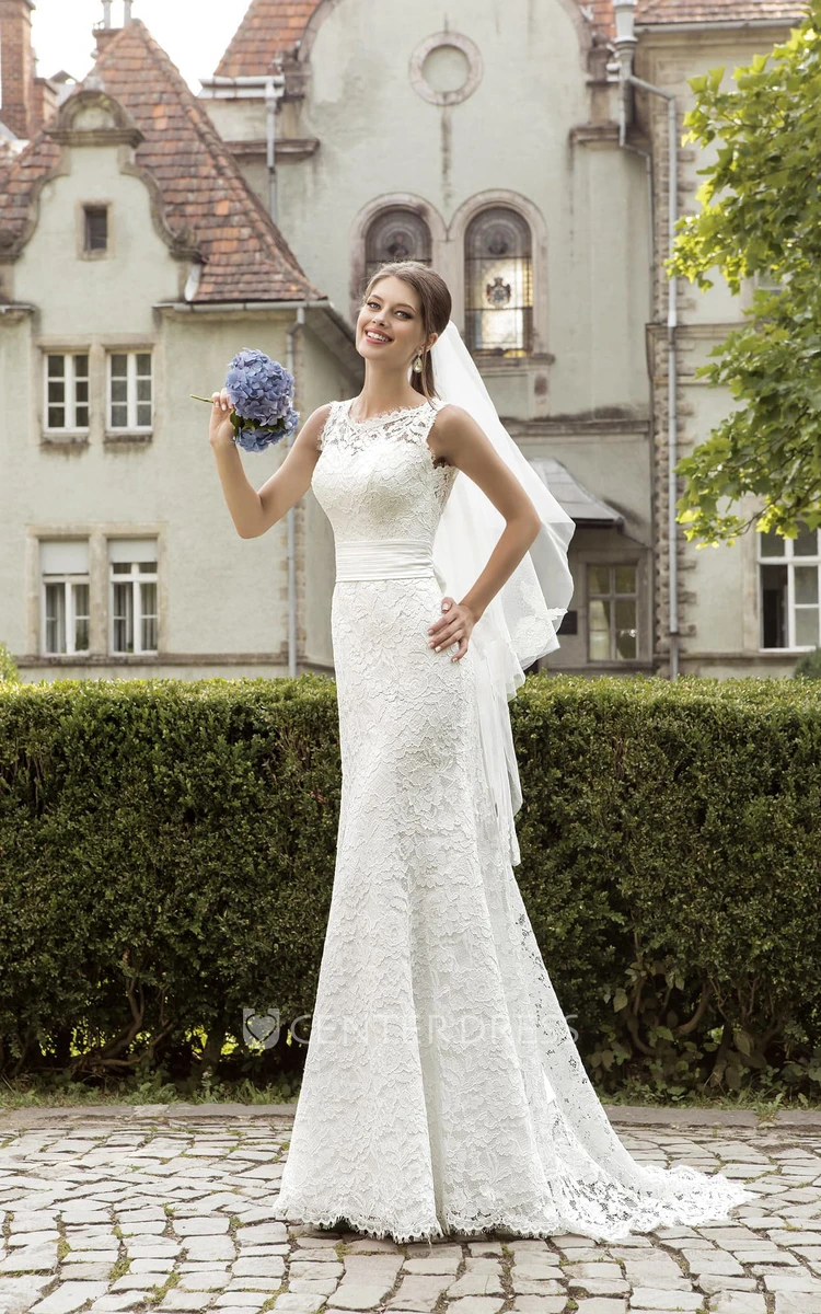 Jeweled Neck Sleeveless Sheath Lace Wedding Dress With Ruched Waist