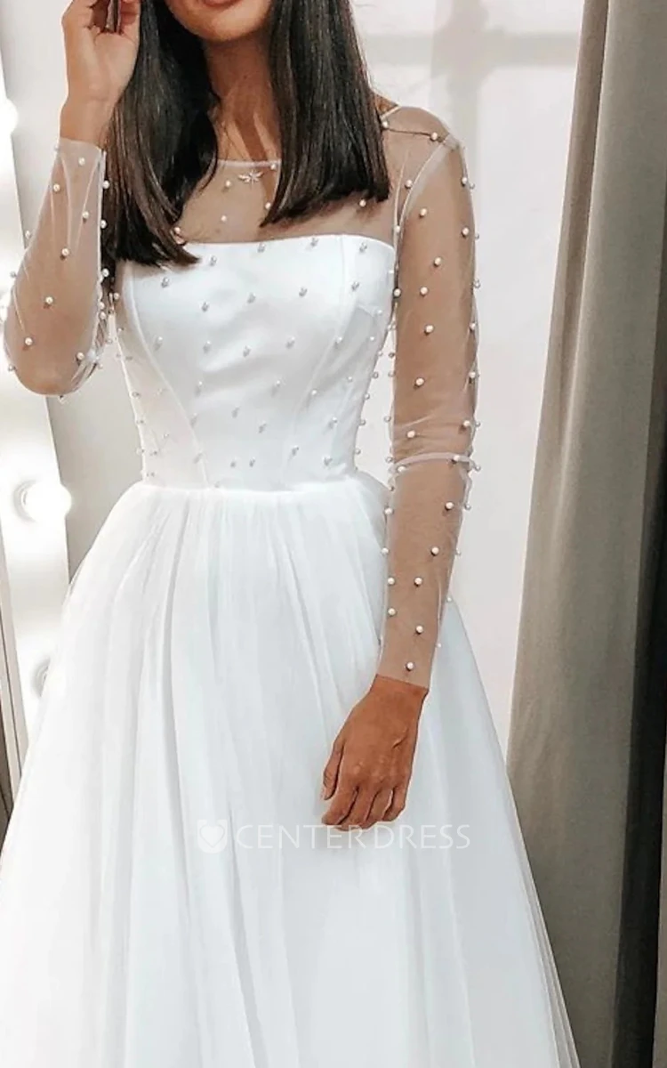 Tulle Bateau A Line Long Sleeve Tea-length Illusion Wedding Dress With Beading