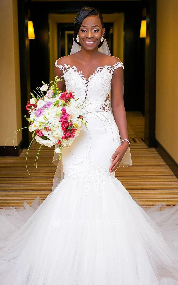Tulle Lace Cap Sleeve Mermaid Wedding Bridal Dress Detachable