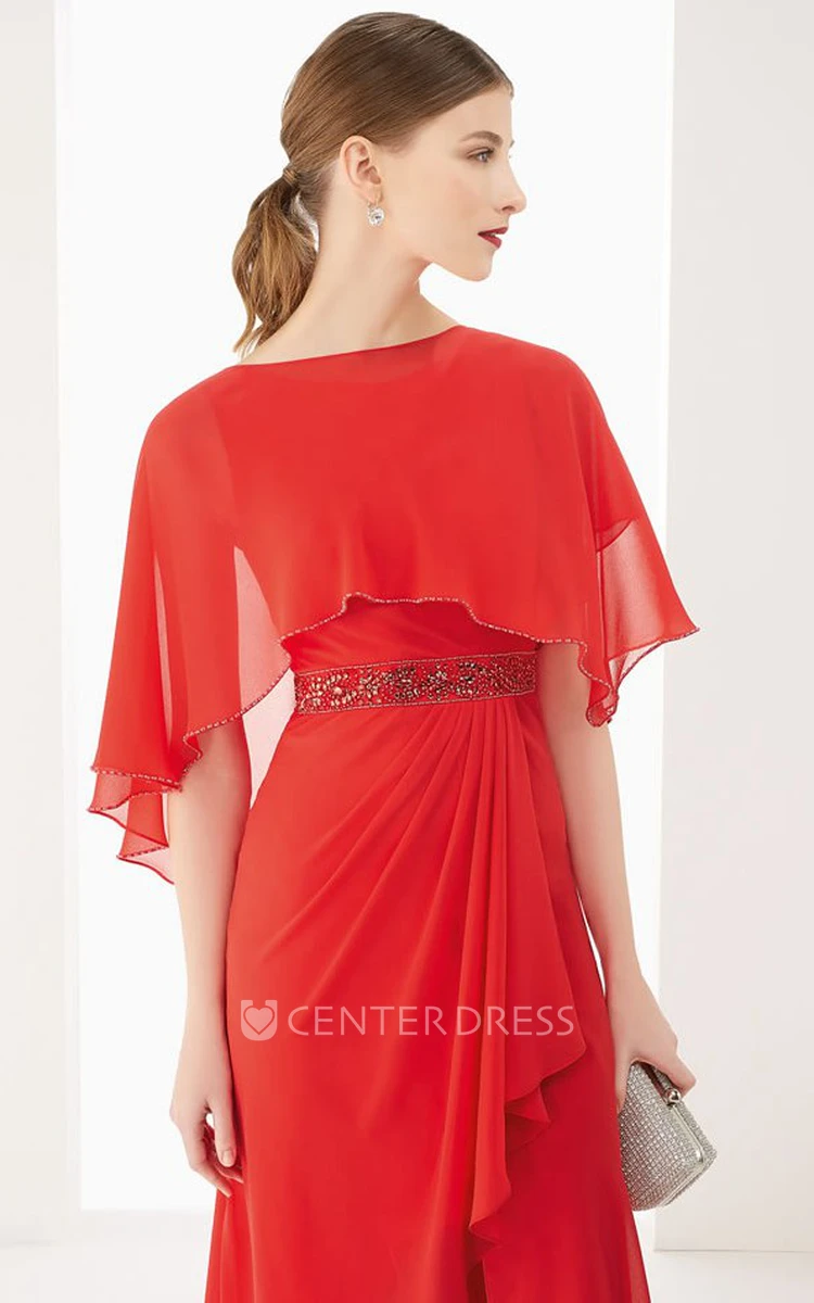 Side Drape Removable Sleeve High Low Chiffon Prom Dress With Front Split