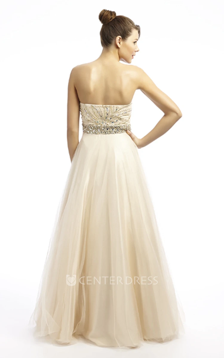 A-Line Sweetheart Beaded Sleeveless Floor-Length Tulle Prom Dress With Waist Jewellery
