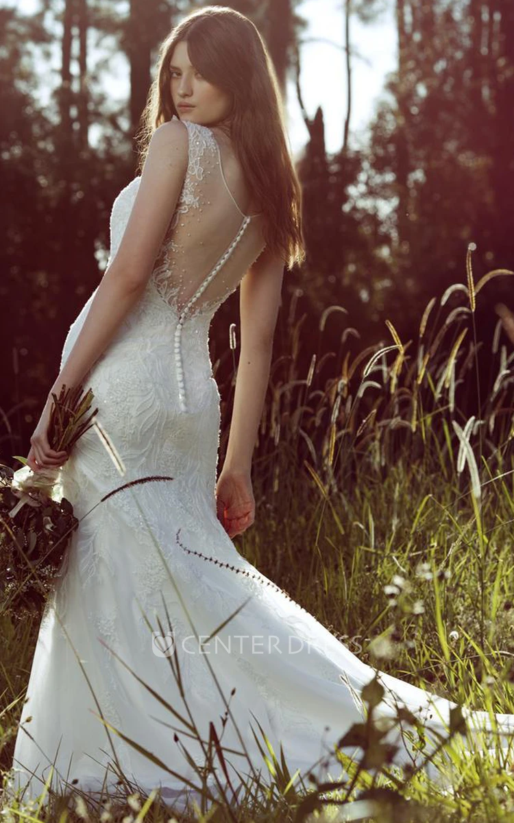 Mermaid Sleeveless Scoop-Neck Lace&Tulle Wedding Dress With Beading And Illusion