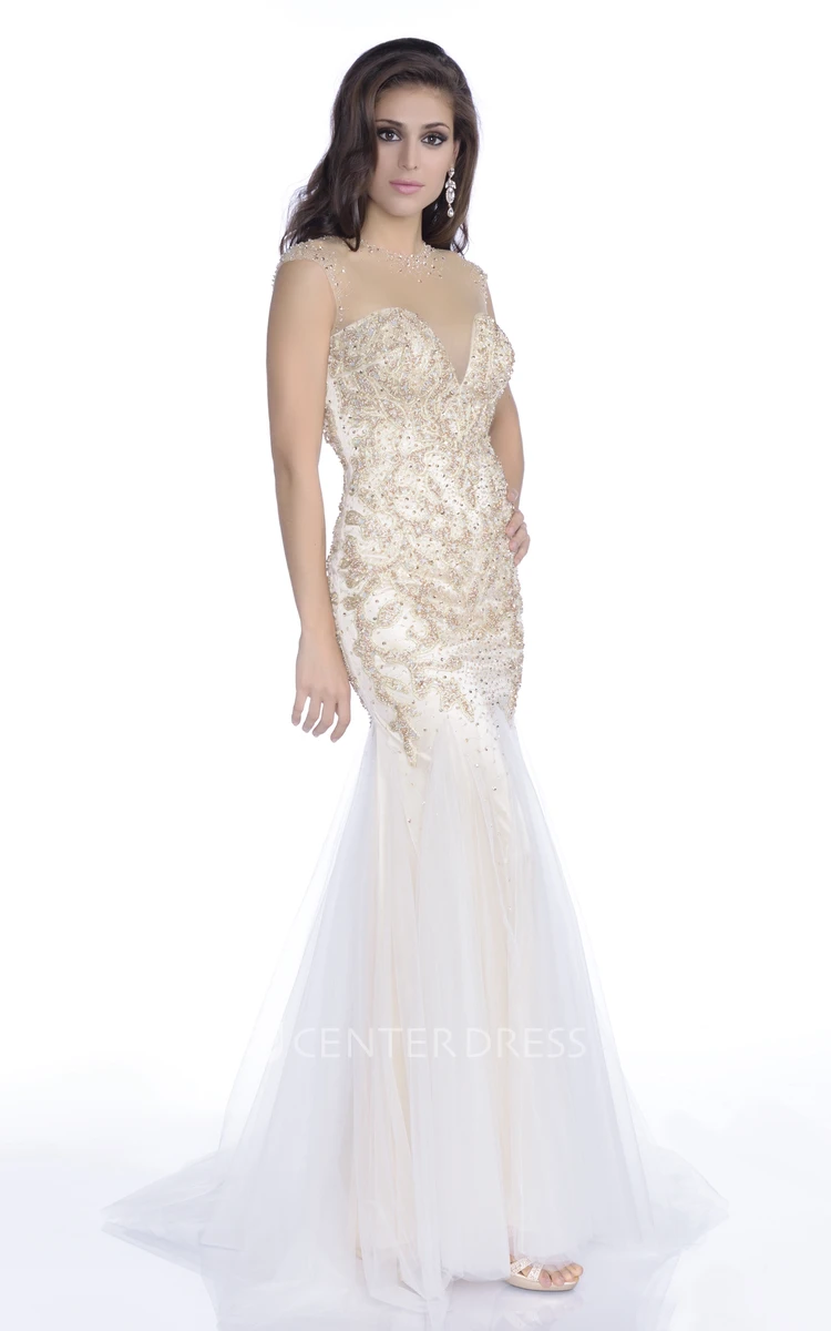 Form-Fitted Tulle Sweetheart Jeweled Gown With Keyhole Back