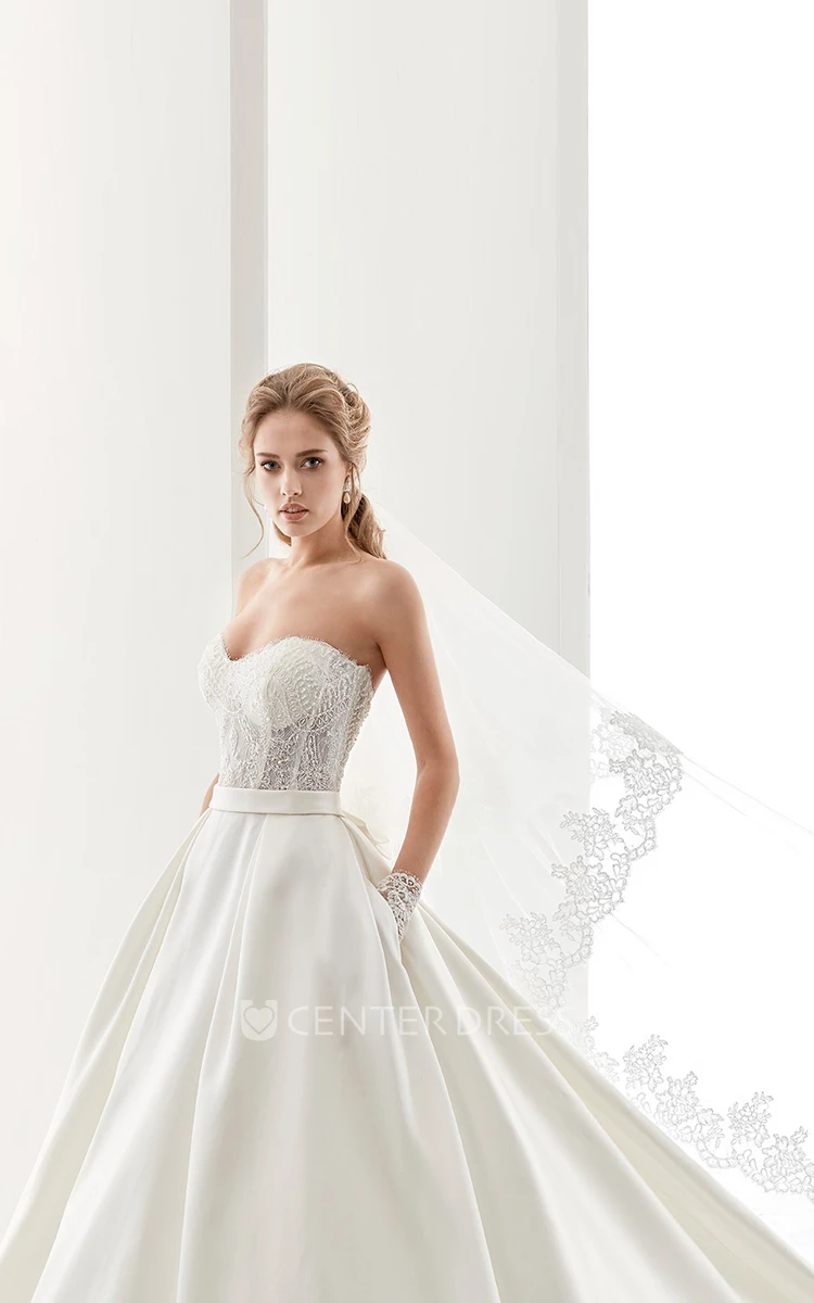 Sweetheart A-Line Satin Wedding Dress With Lace Bodice And Back Bow