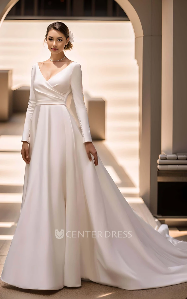 Vintage Elegant Satin Long Sleeve A-Line V-neck Wedding Dress Simple Solid Court Floor-length Button Deep-V Back Bridal Gown with Sash Train