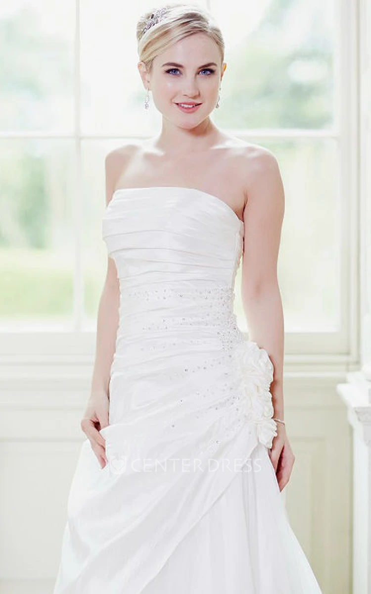 A-Line Draped Floor-Length Strapless Taffeta&Tulle Wedding Dress With Flower And Beading