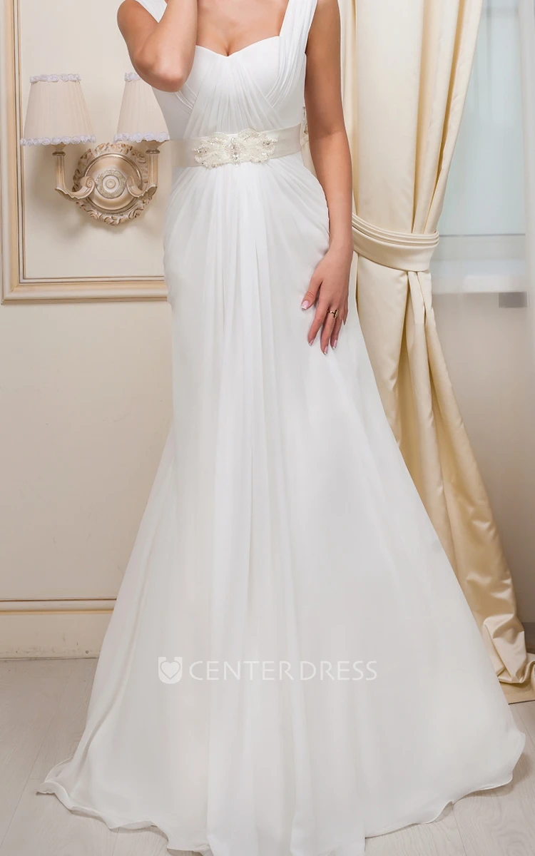A-Line Ruched Sleeveless Floor-Length Strapped Chiffon Wedding Dress