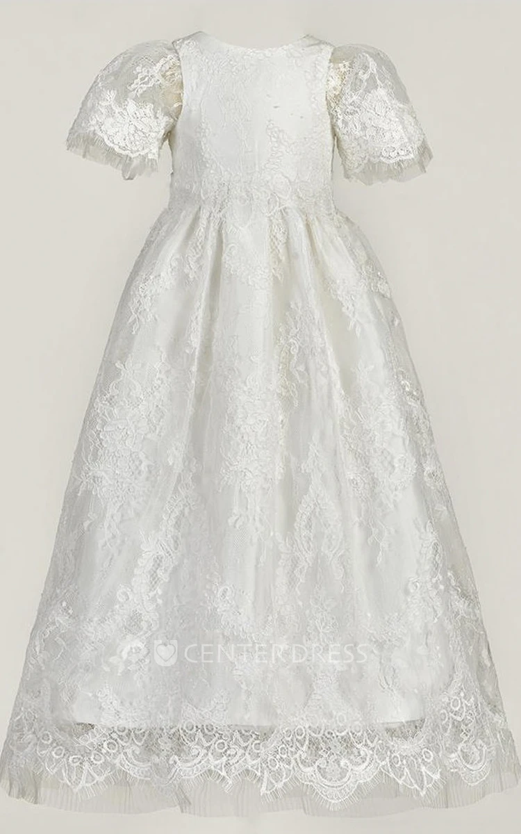 Illusion Puff Sleeve Lace Christening Gown With Zipper Back
