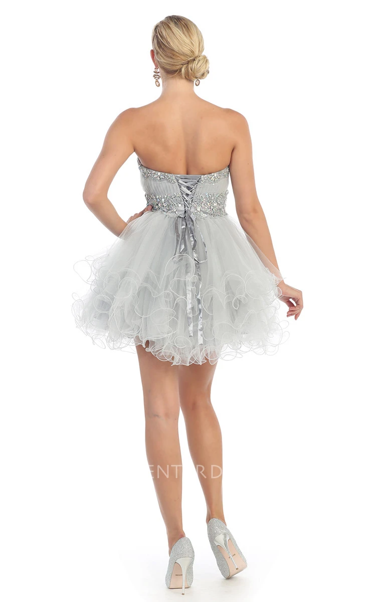 A-Line Short Strapless Tulle Lace-Up Dress With Ruffles And Waist Jewellery