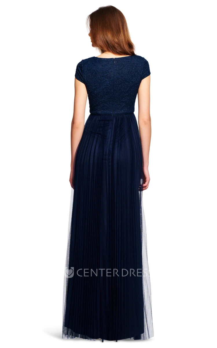 Sheath Lace Cap-Sleeve V-Neck Long Bridesmaid Dress With Pleats And Sequins
