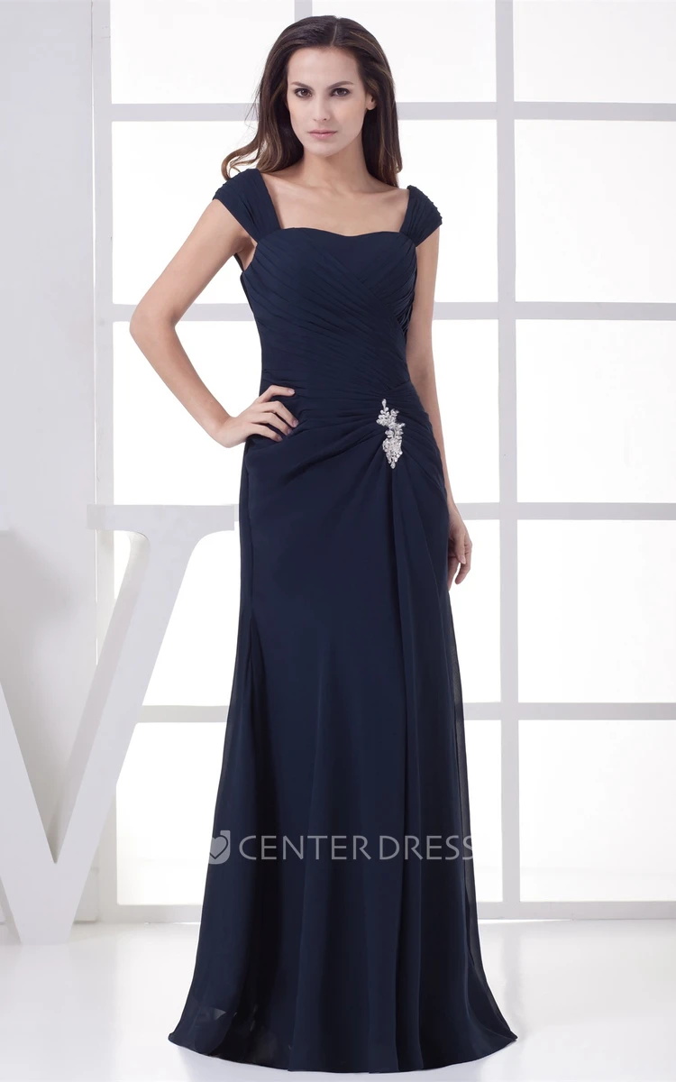 Caped-Sleeve Ruched Floor-Length Chiffon Evening Dress with Broach