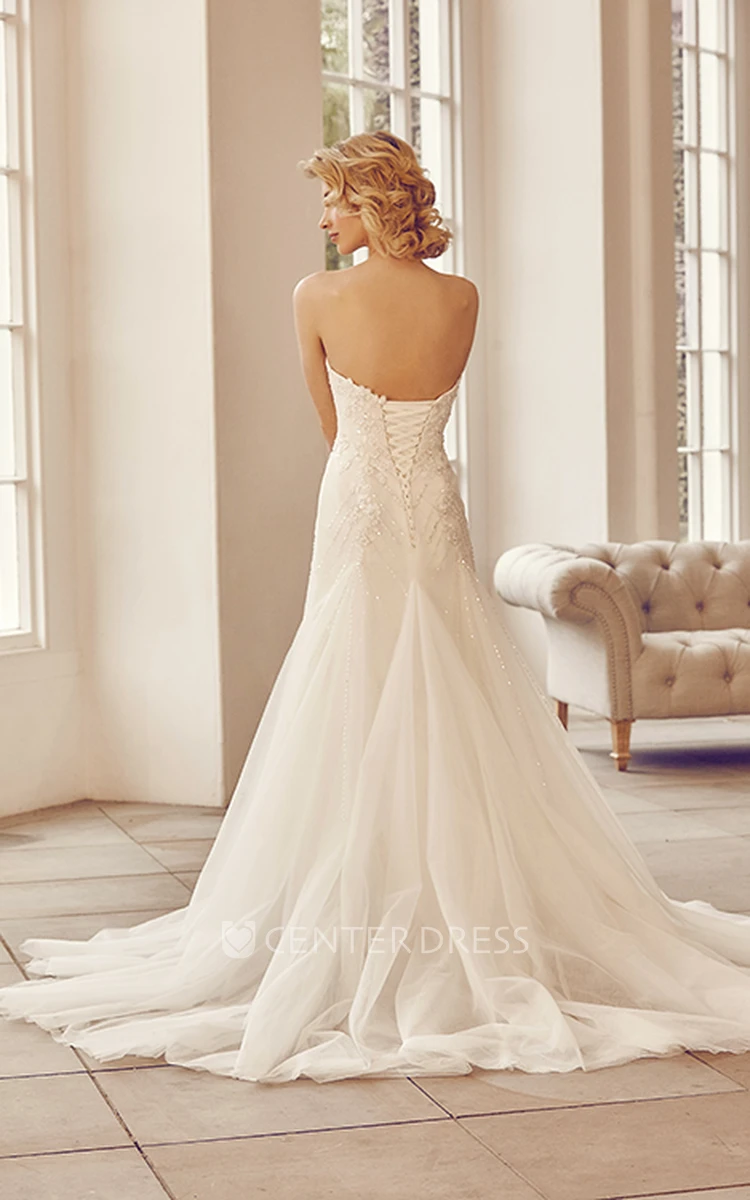 Strapless Maxi Beaded Tulle Wedding Dress With Court Train And Lace-Up
