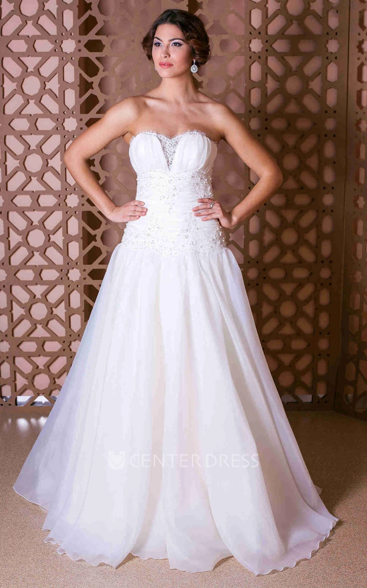 A-Line Maxi Strapless Organza Wedding Dress With Beading And Zipper