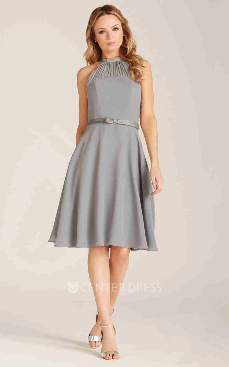 A-Line High Neck Sleeveless Knee-Length Chiffon Bridesmaid Dress With Bow And Zipper