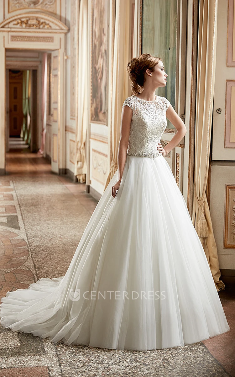 A-Line Appliqued Maxi Scoop-Neck Cap-Sleeve Tulle&Lace Wedding Dress With Waist Jewellery And Illusion