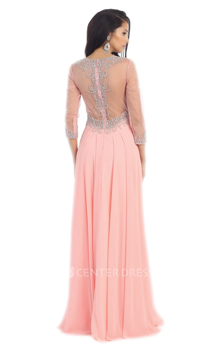 A-Line Scoop-Neck Long Sleeve Chiffon Illusion Dress With Criss Cross And Beading