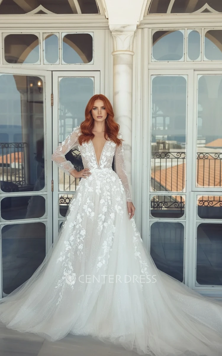 Graceful Elegant A-Line Lace Long Sleeve Spring Wedding Dress with Long Train Ethereal Princess Plunging Neckline Garden Bridal Gown