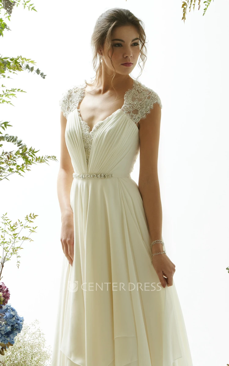 Long V-Neck Beaded Jeweled Chiffon Wedding Dress With Sweep Train And Keyhole