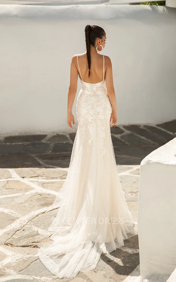Mermaid Plunging Neckline Ethereal Lace Fairy Wedding Dress with Chapel Train Backless
