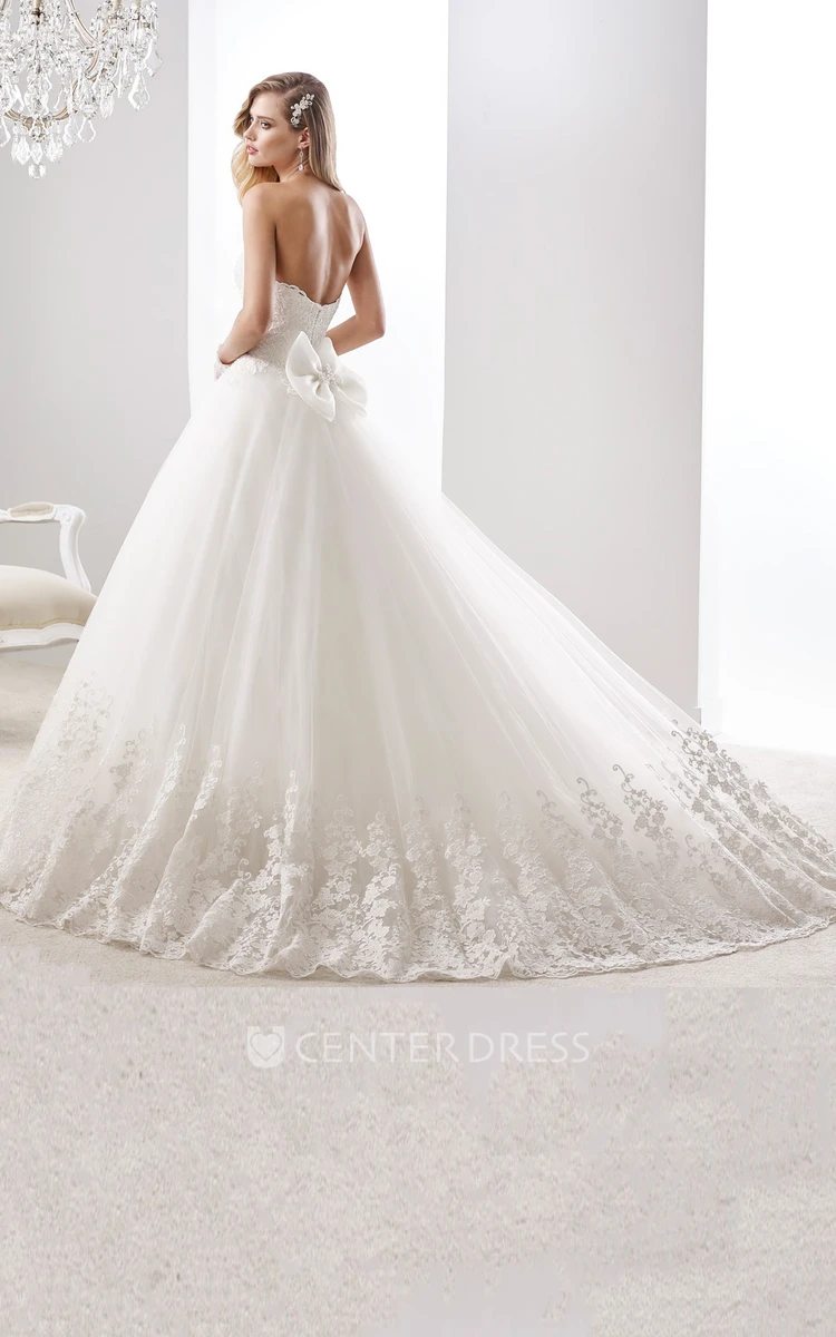 Sweetheart A-line Wedding Gown with Appliques Bodice and Back Bow