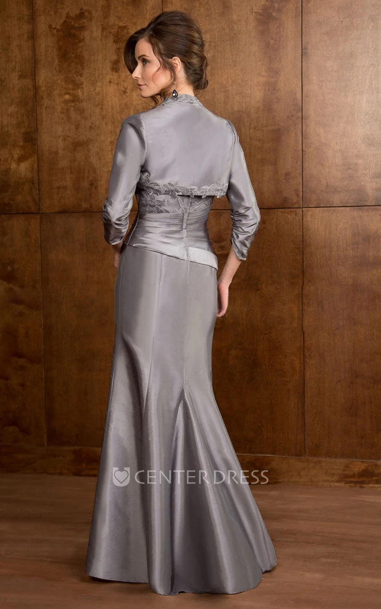 3-4 Sleeved Long Mother Of The Bride Dress With Matching Jacket And Appliques