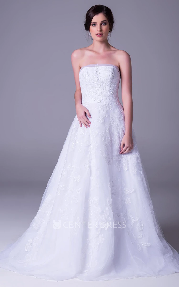 A-Line Appliqued Strapless Floor-Length Sleeveless Tulle Wedding Dress