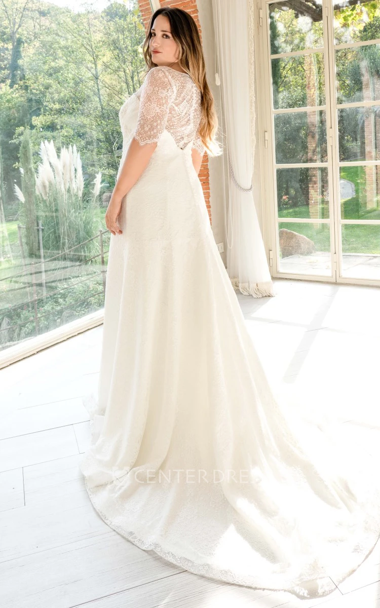 Elegant A Line Lace Bateau Brush Train Floor-Length Long Sleeve Wedding Dress With Appliques