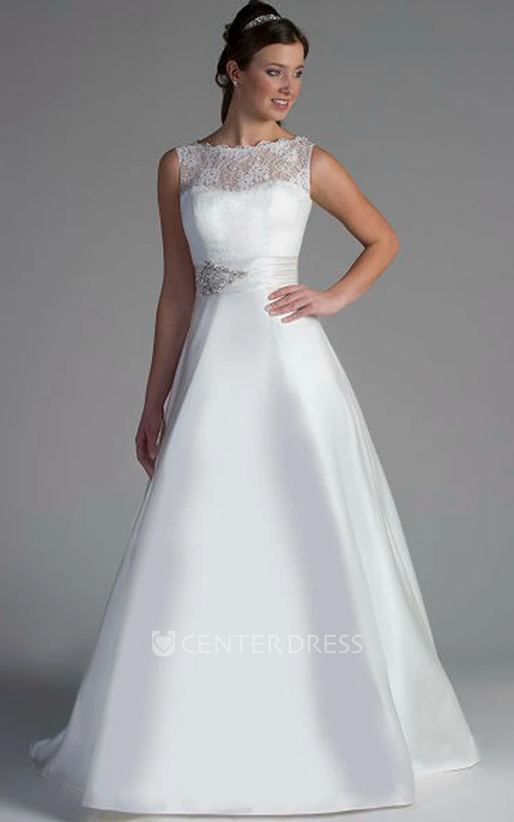 Bateau Neck Lace Top A-Line Satin Bridal Gown With Beading Sash