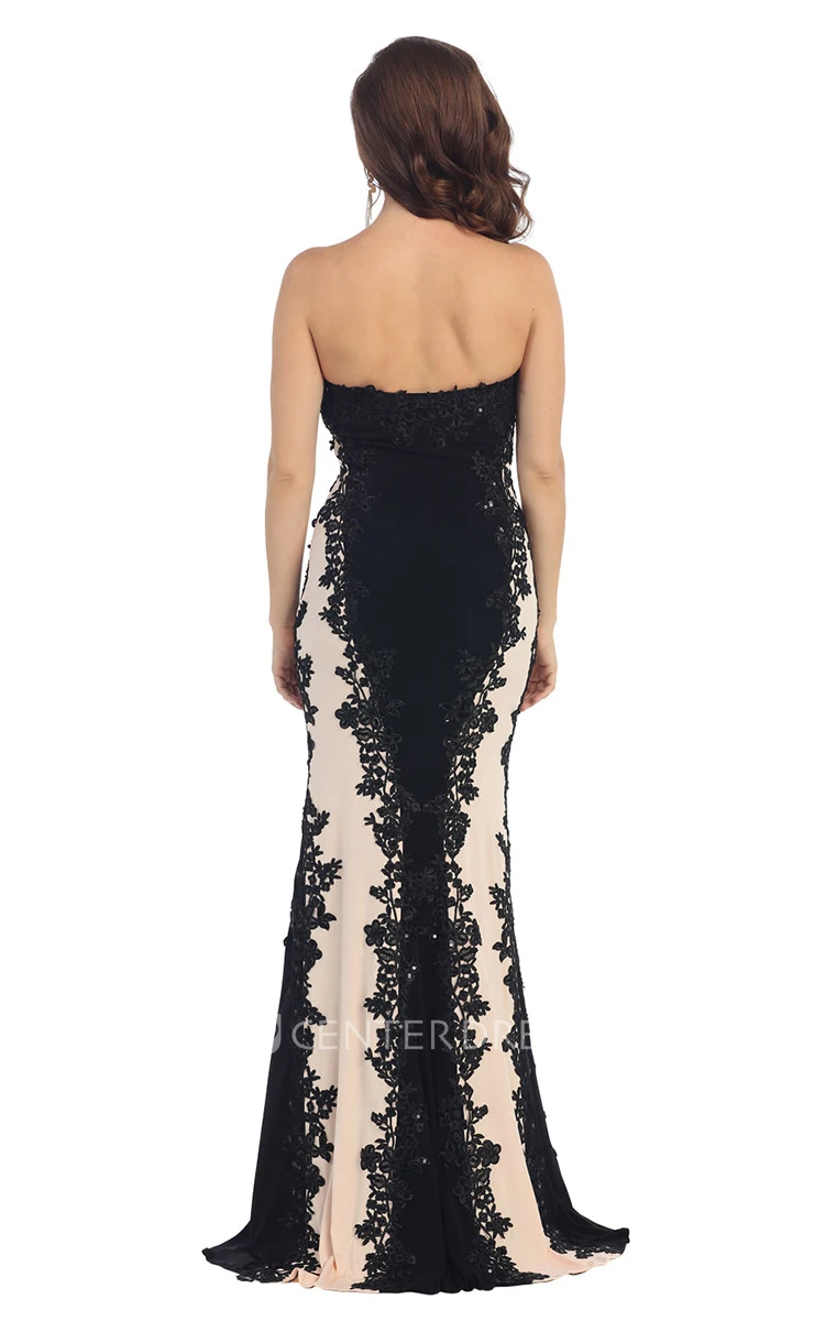 Pencil Floor-Length Strapless Sleeveless Lace Jersey Dress With Appliques