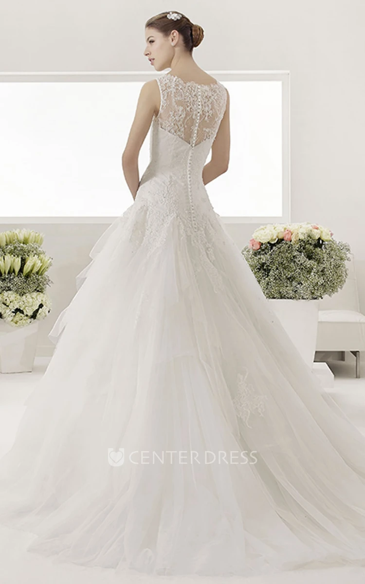 Lace Top Bateau Neck Drop Waist Bridal Gown With Layered Tulle Skirt