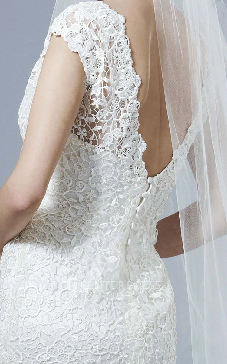 V-Neck Floor-Length Cap-Sleeve Lace Wedding Dress With Brush Train And V Back