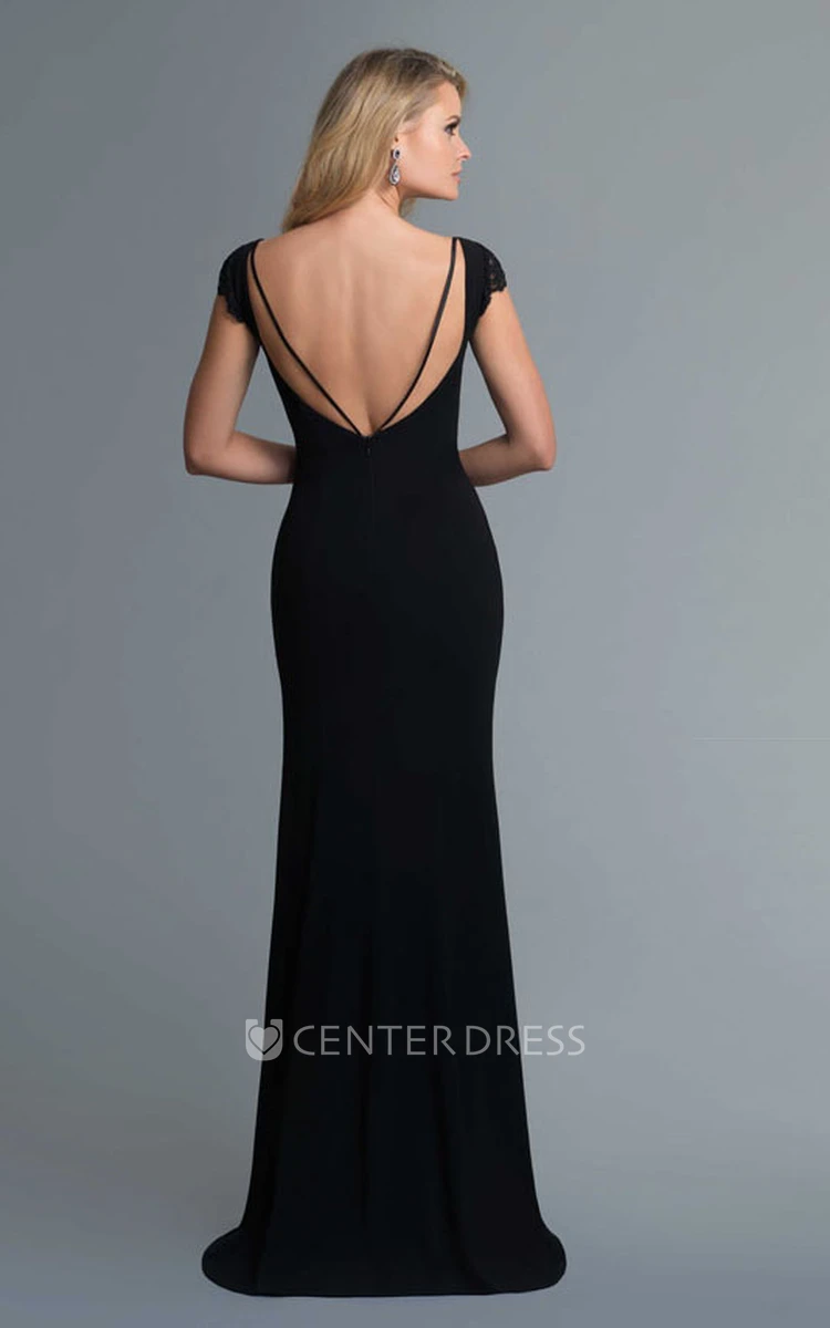 Sheath Cap-Sleeve Jersey Deep-V Back Dress With Split Front And Lace